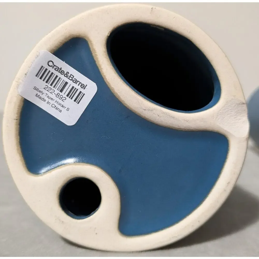 Crate & Barrel Sibely Ceramic Taper Holders Mid Century Modern Farmhouse Blue